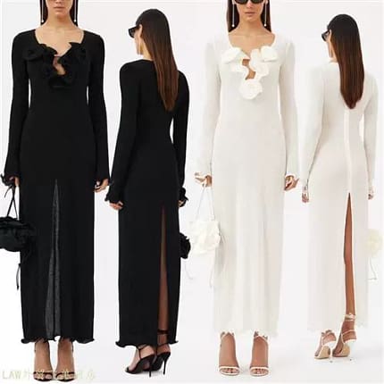 Flower V-neck Long Sleeve Solid Color Dress Slim Long Dress