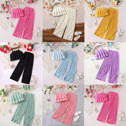 3-7Y Kids Girls Summer Clothes Set Children Solid Color Spag