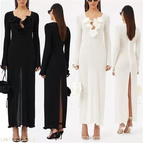 O1CN01PRWS1d1PuFS7ljXDg_2215659201900 Flower V-neck Long Sleeve Solid Color Dress Slim Long Dress - Image 1