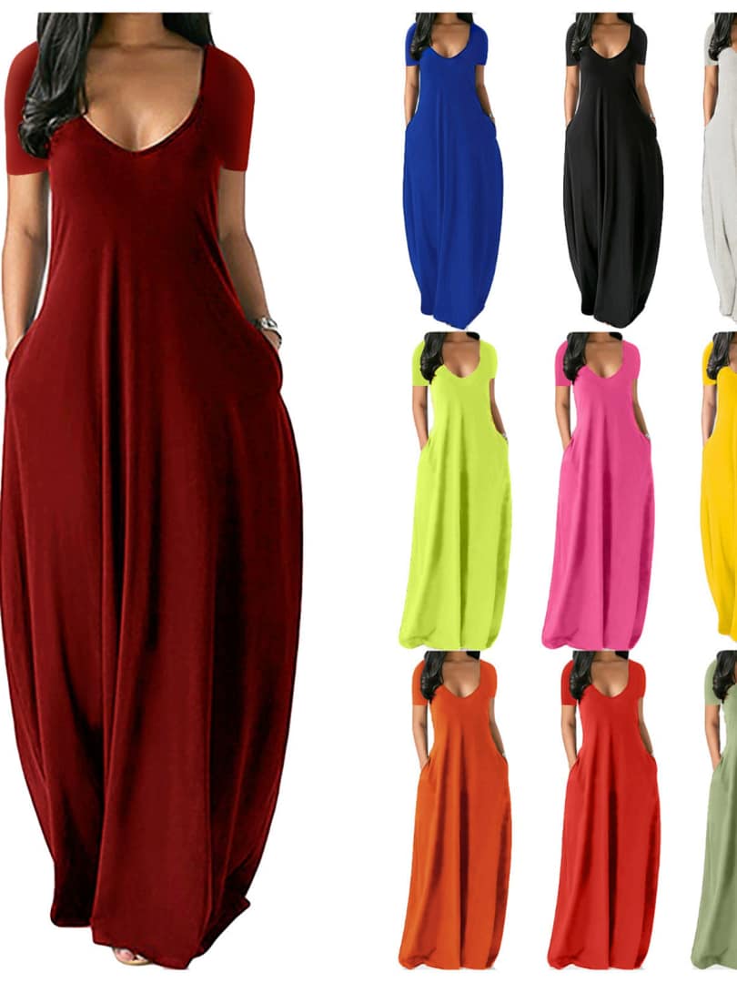 Solid deep V-neck short sleeved long skirt. - Image 1