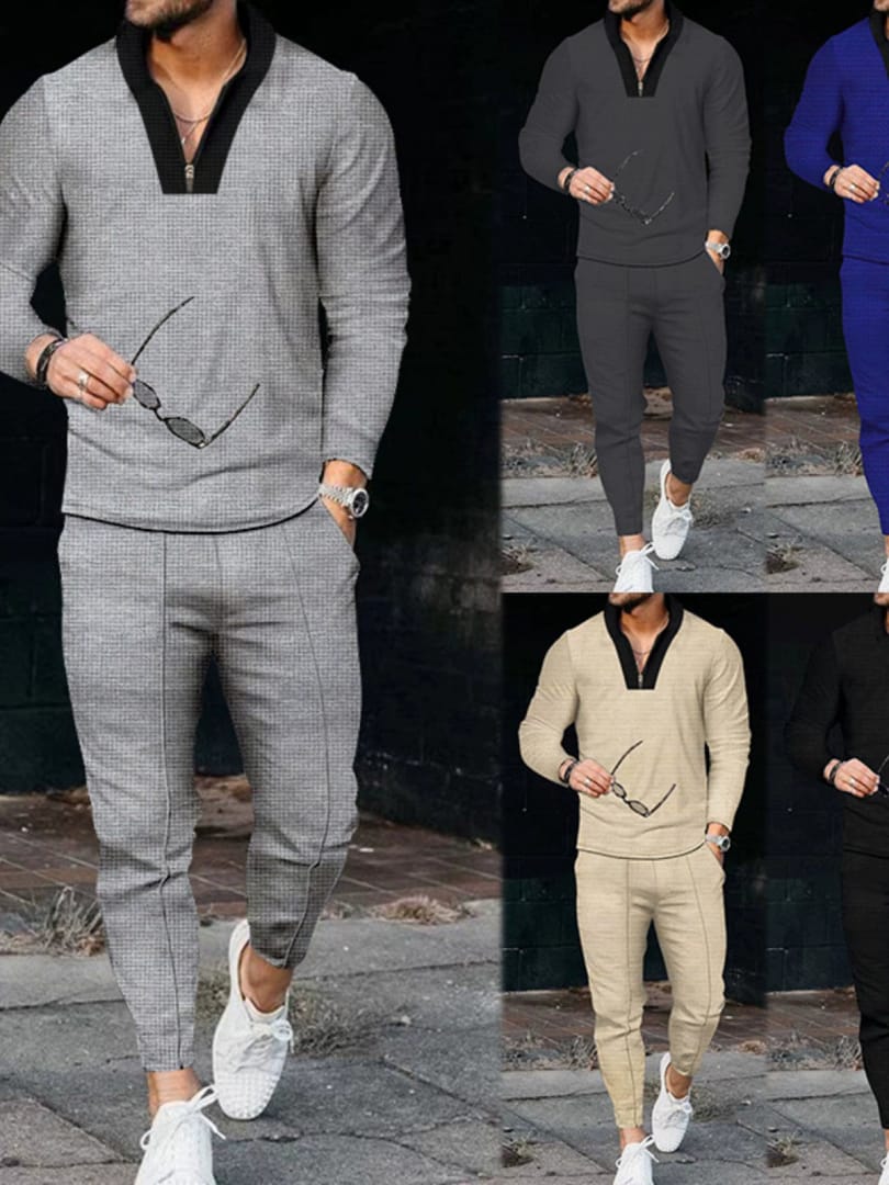 O1CN01k2ufou24pZgVBwBYy_2216427457440 Men's long-sleeved spliced V-neck sportswear suit casual suit for men - Image 1